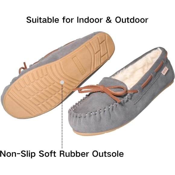 Women's Gray Leather Faux Fur Pile lined lace Up Cozy Bow Warm Slippers Shoes - Picture 3 of 5